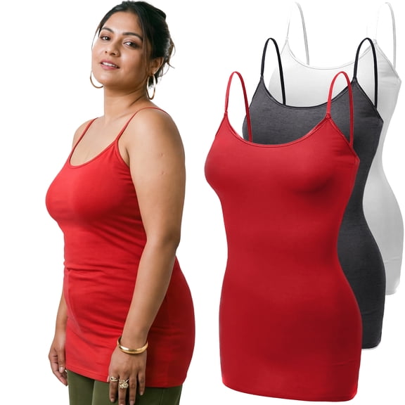 Emmalise Women's 3-Pack Basic Long Camisoles Adjustable Strap Cami, Hth Charcoal, Red, White
