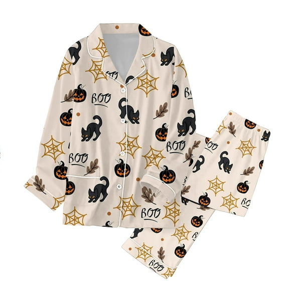Halloween Pajamas 2 Piece Pjs Set Cute Graphic Long Sleeve V Neck Button Down Shirts Pants Pjs Halloween Pjs Beige L