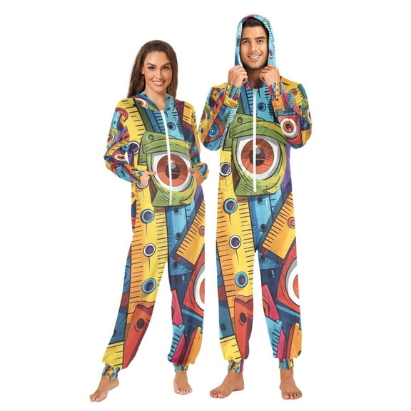 Cartoon Rulers Adult Onesie Pajamas Slim Fit Christmas One Piece Suit Pjs for Women and Men Hooded Zipper