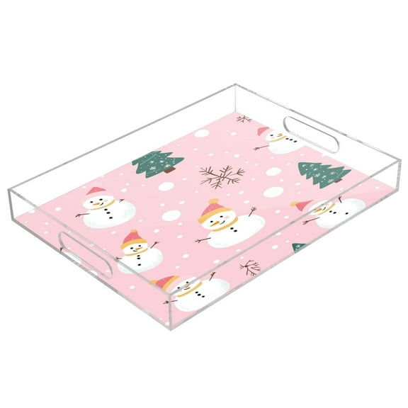 WOBOGO Acrylic Serving Trays 15.7x11.8 Inch Spill Proof Clear Decorative Organizer with Handle Pattern Of Snowmen and Christmas Trees on Pink Background