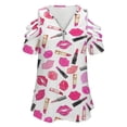 thumbnail image 4 of Pretty Lipstick Lip Prints Lipsticks Pattern Womens Summer V Neck Zipper Top Short Sleeve T Shirt Off Shoulder Top Casual Classy Loose Shirts, 4 of 7