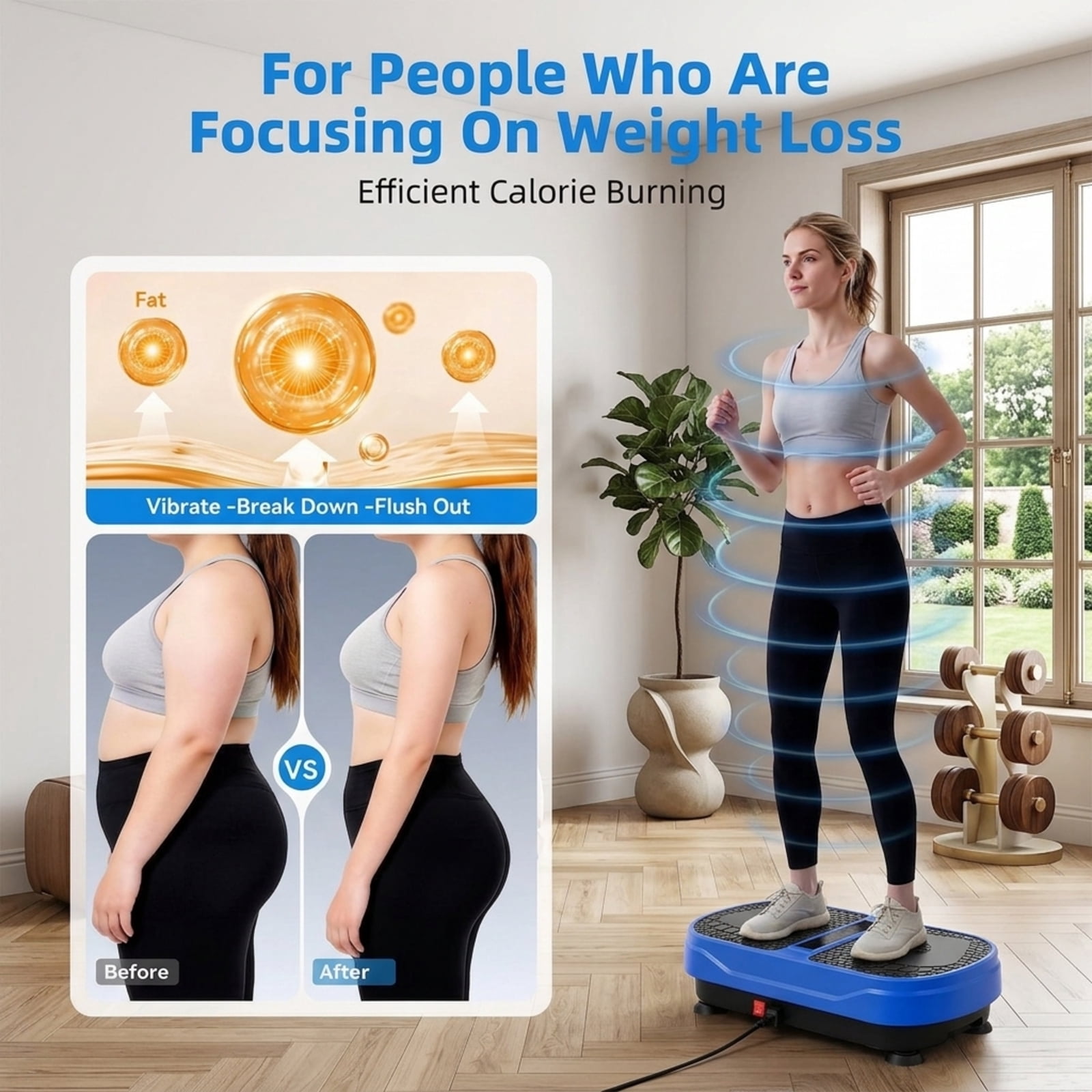 Fenbeli Vibration Plate Exercise Machine, 1-999 Speeds, Bluetooth Speaker, Remote, 2 Loops and 5 Resistance Bands, 450 lb Capacity, Blue