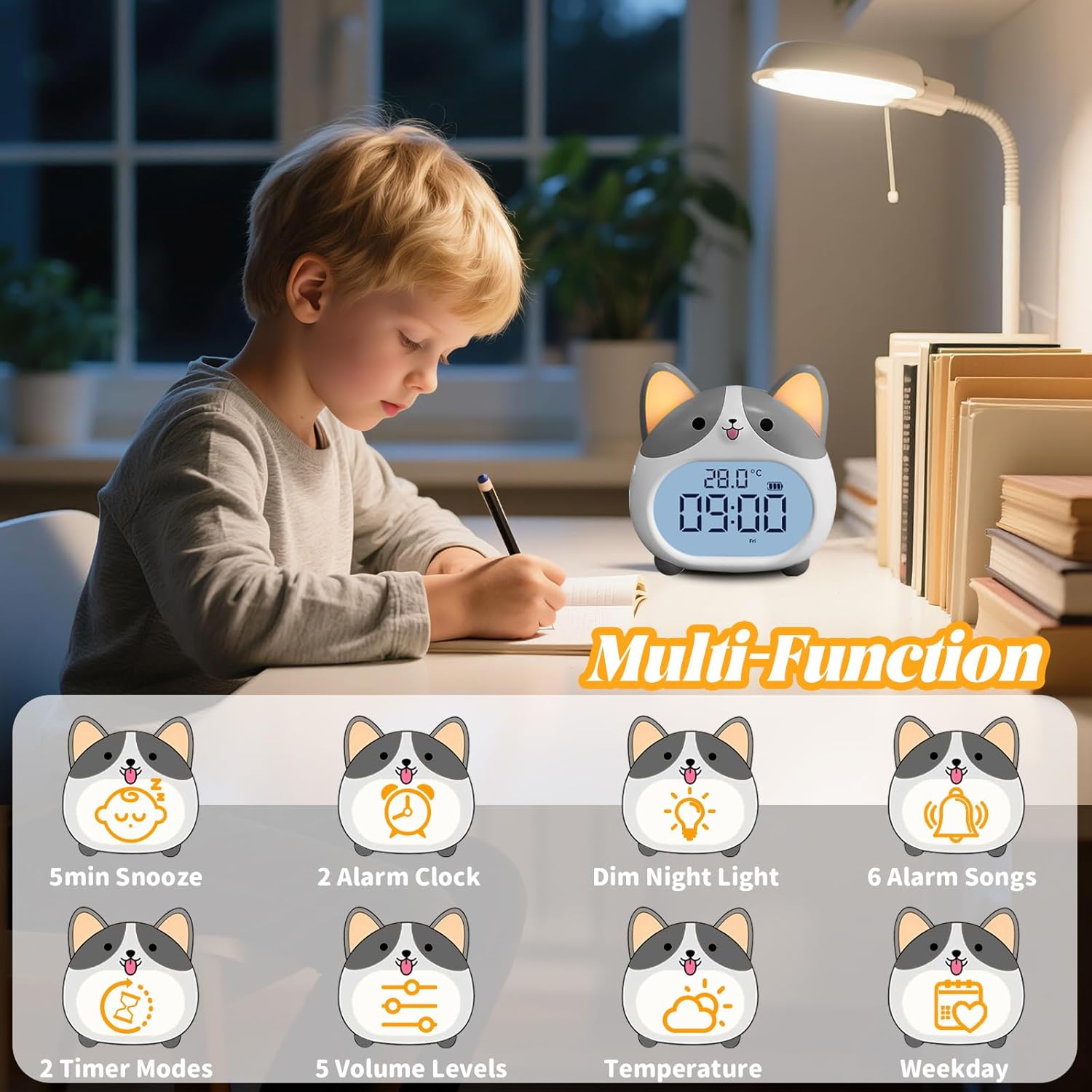 Alarm Clocks for Kids - Cute Dog Clock with Night Light, 6 Alarm Tones, Snooze, Timer, Date and Temperature Display - Rechargeable Battery Operated Digital Clocks for Bedroom Kids Room
