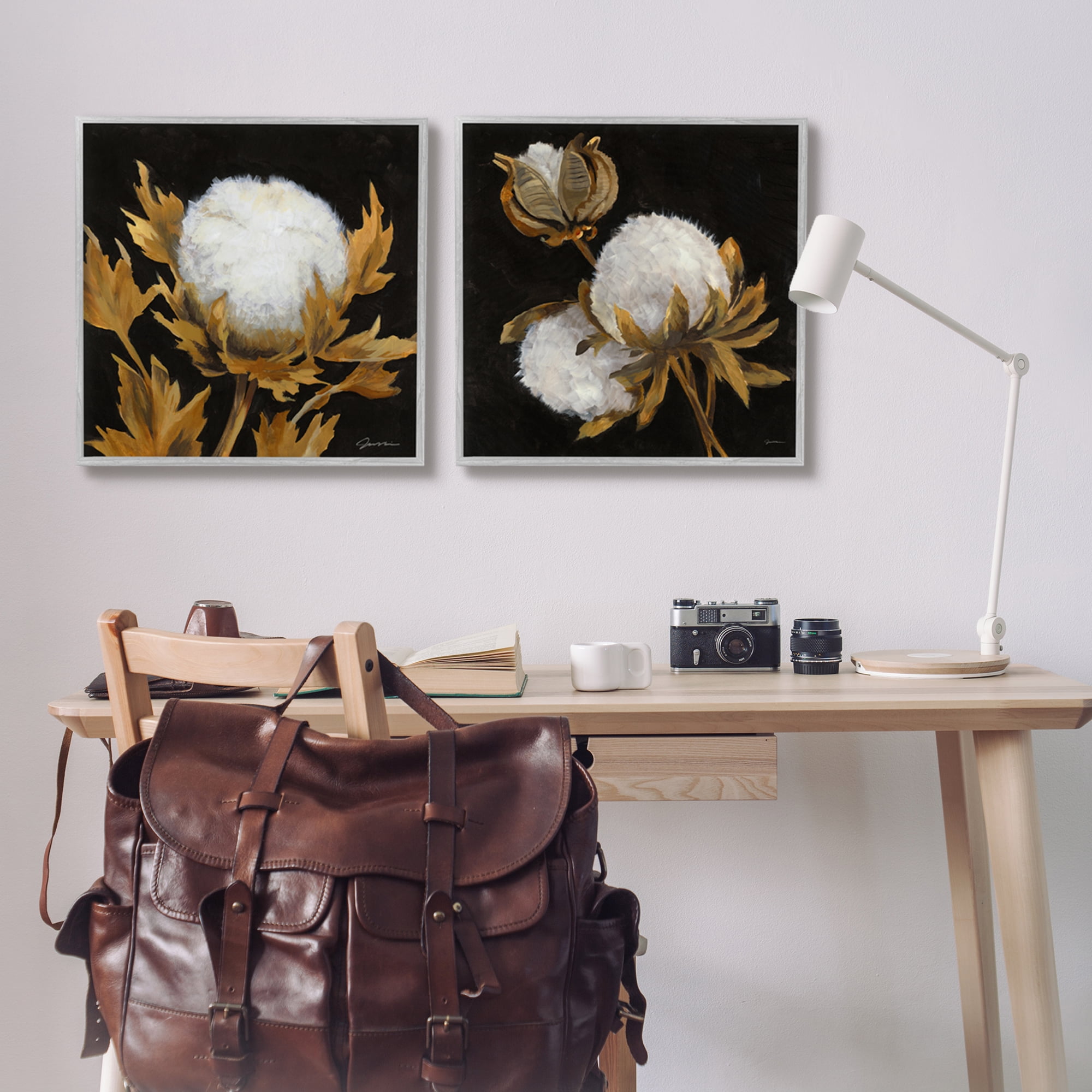 Stupell Industries Dark Cotton Flowers Botanical & Floral Painting Gray Framed Art Print Wall Art, 24 x 24, Set of 2