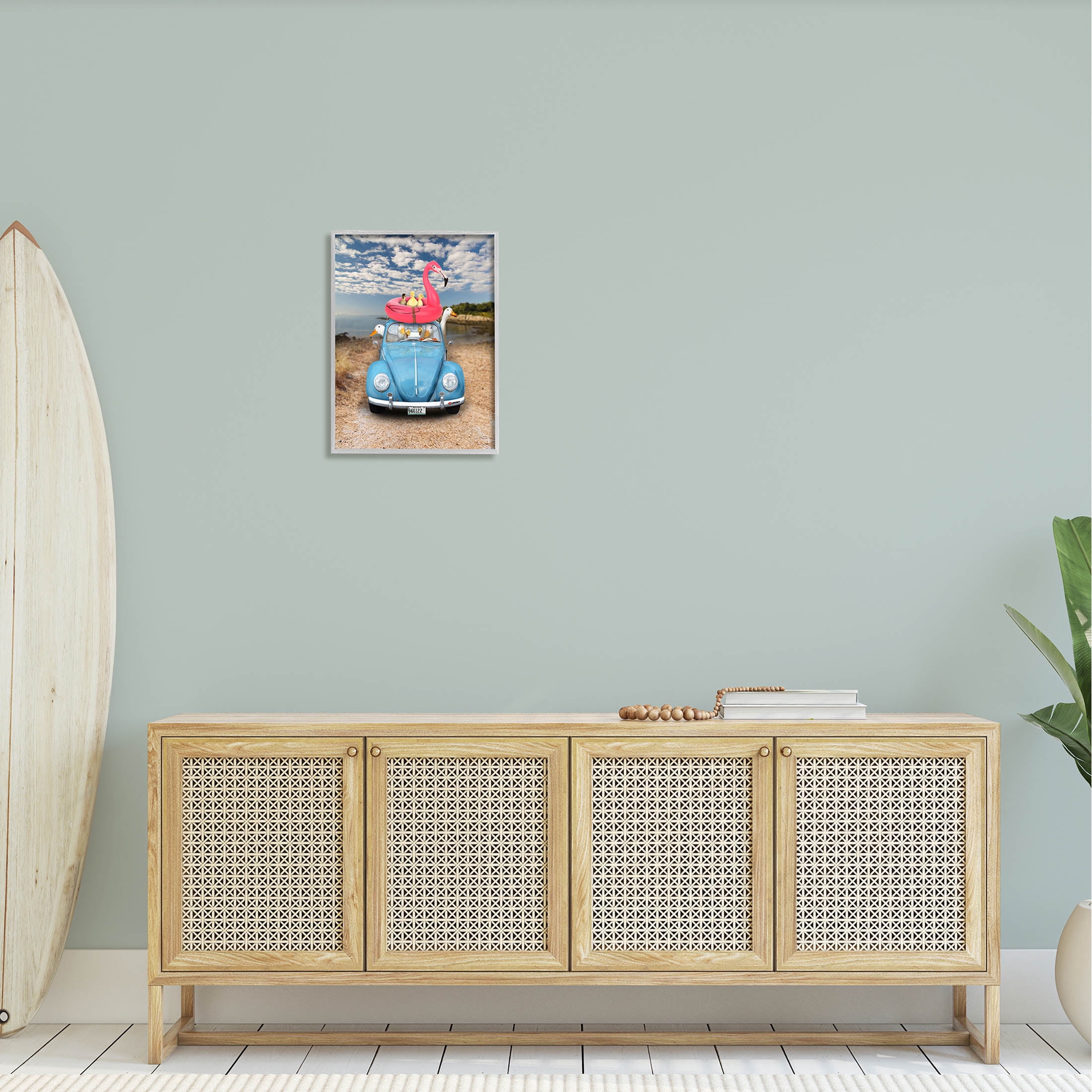 Funny Summer Beach Vacation Geese Animals & Insects Graphic Art Gray Framed Art Print Wall Art