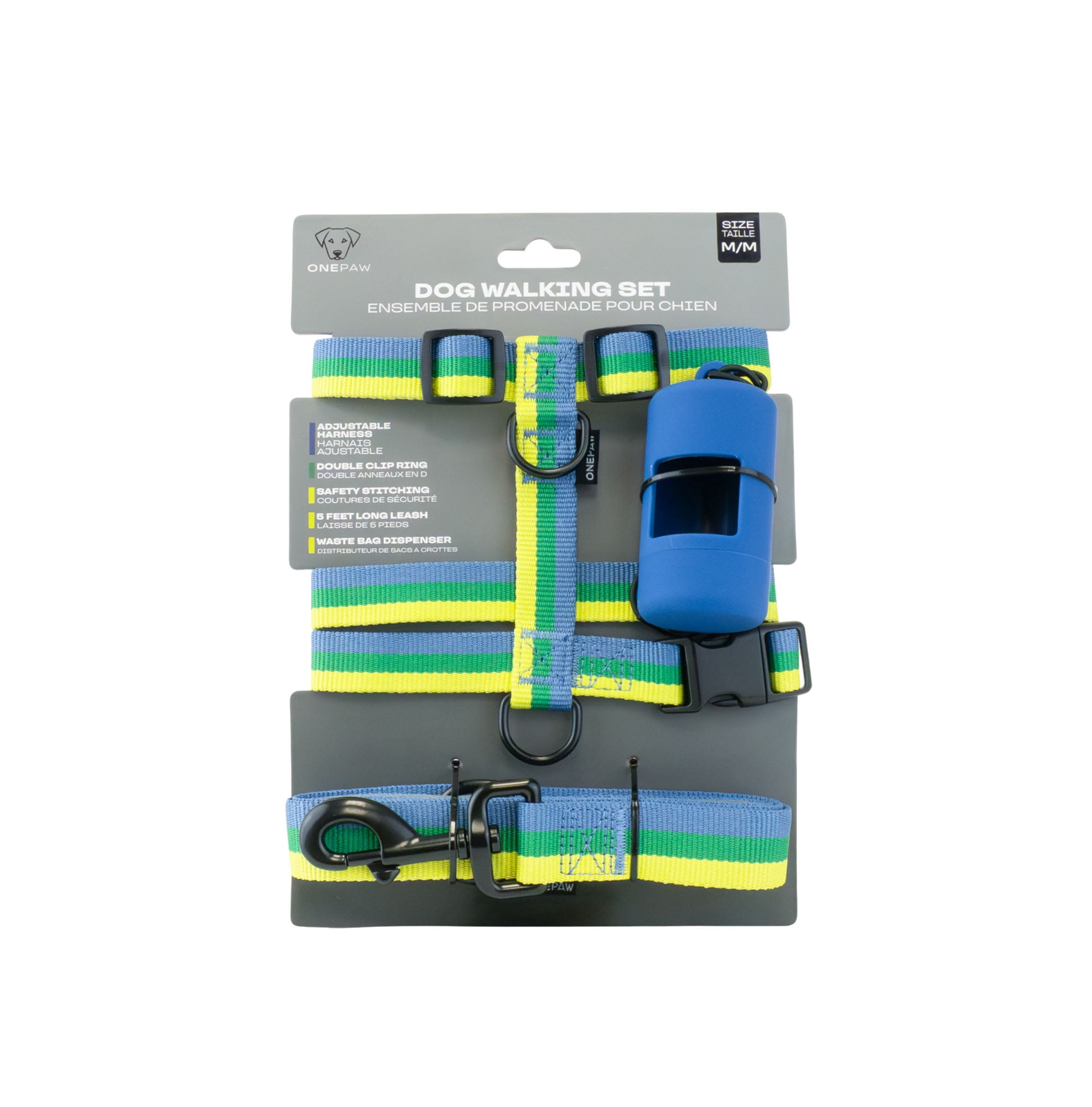One Paw, lot de 3 harnais et laisses pour chien avec porte-sac à crottes, plusieurs tailles, bleu, chiens