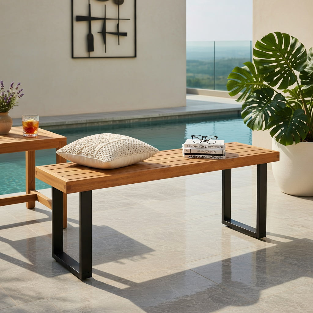 Hommoo Set of 2 Acacia Wood Outdoor Patio Benches, 48" Dining Bench with Heavy-Duty Metal Frame, Weather-Resistant Garden Seating, Natural & Black