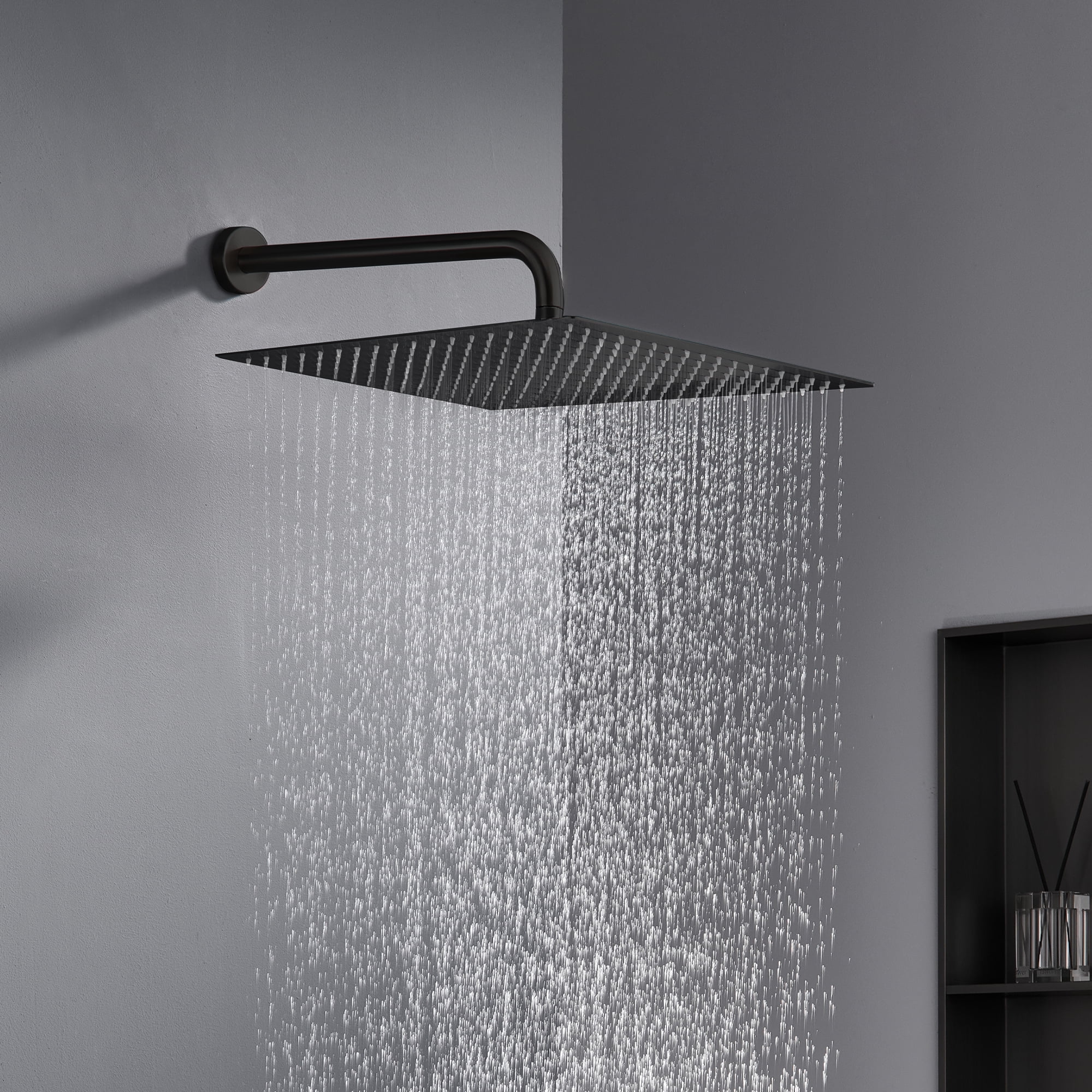 16 Inch Black Rain Shower Head, Square Ultra Thin 304 Stainless Steel High Pressure Shower Head, Large Rainfall Shower Head Full Body Coverage Modern Waterfall Shower Head