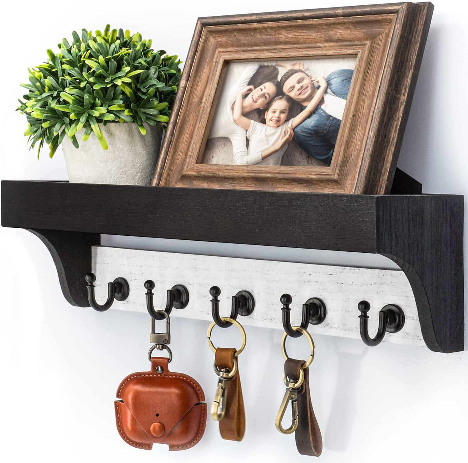 Dinosam Key Holder for Wall, Farmhouse 2Color Key Rack with 5 Hooks, Primitive Wood Mail
