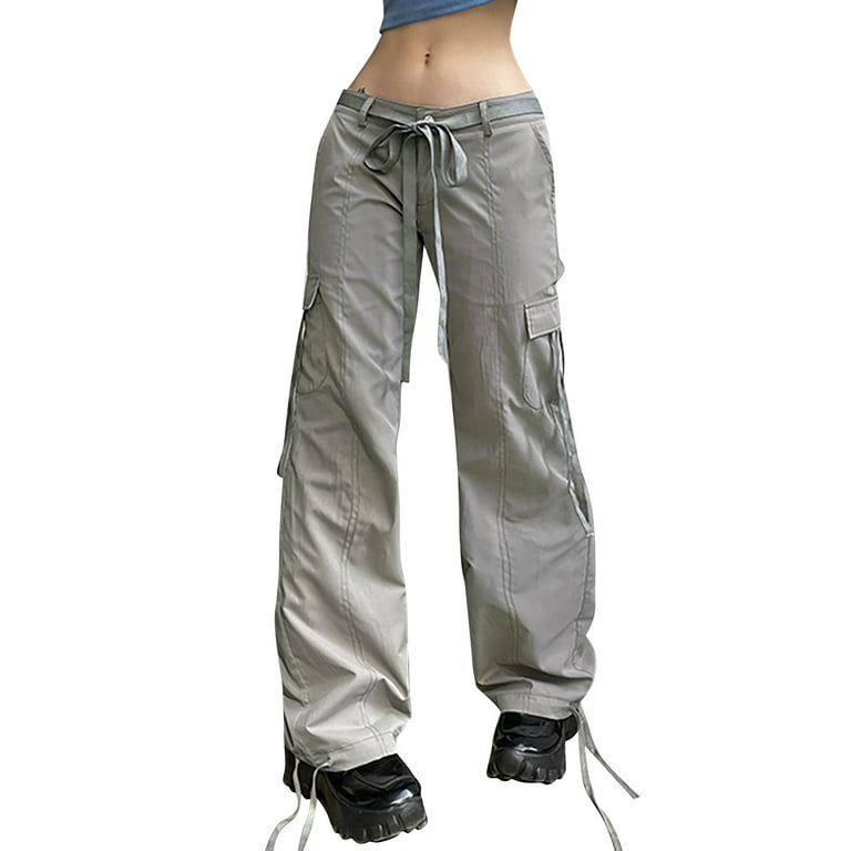 WANYNG cargo pants women Aesthetics Vintage Low Waist Waistband Chic Straight  Denim Cute Trousers pants for women Gray L 