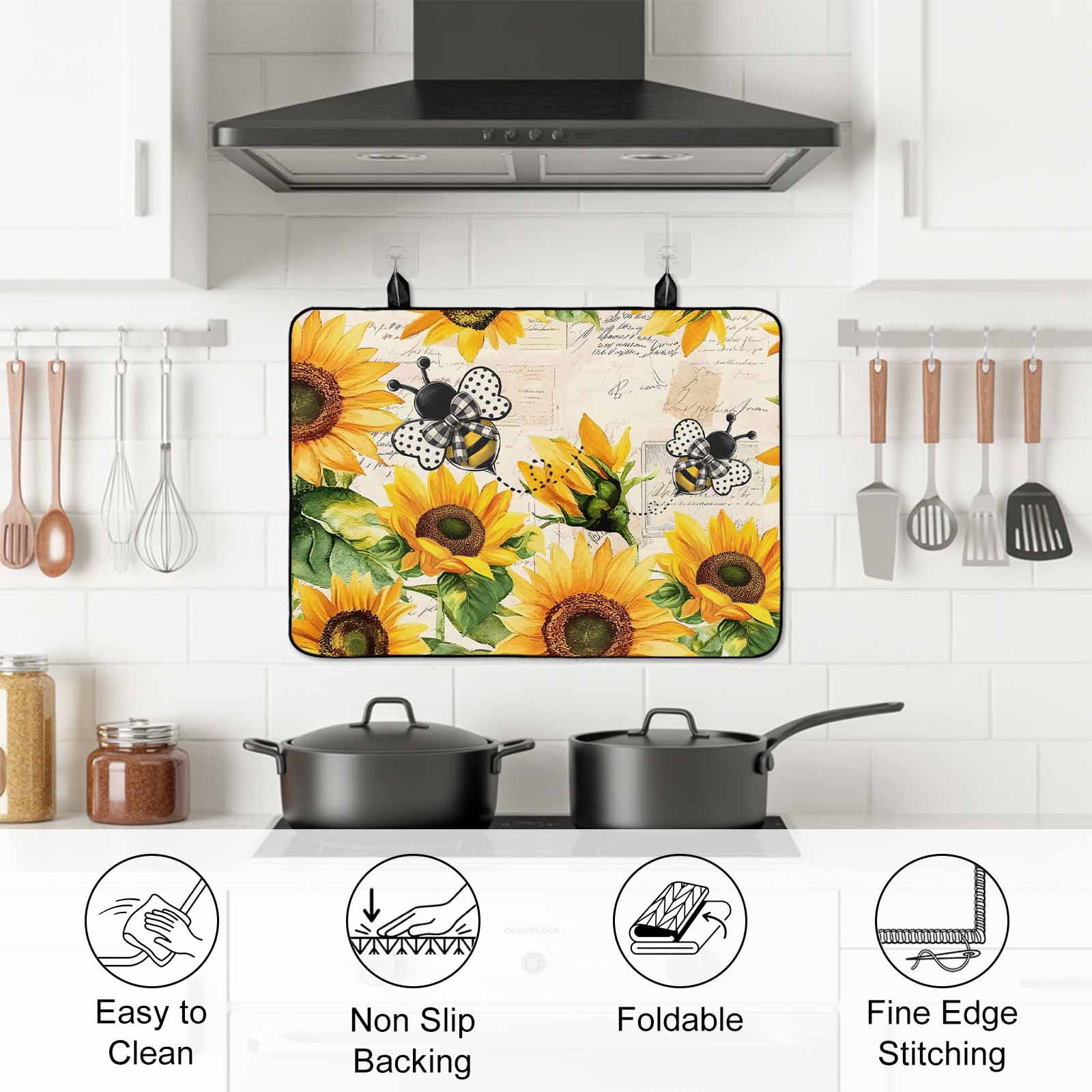 Sunflower Bee Stove Top Cover for Electric Stove, Heat-proof & Non Slip Glass Top Stove Cover Protector, Yellow Botanical Vintage Rose Floral Spring Kitchen Flat Cooktop Rubber Mat 24x21 Inches