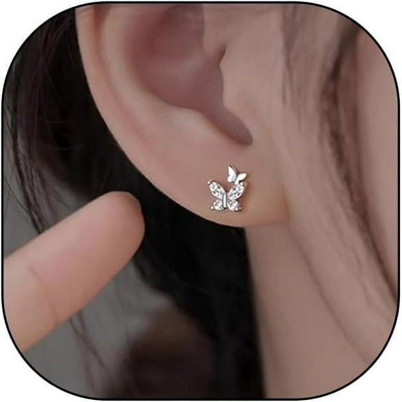 Silver Double Butterfly Crystal Stud Earrings, Dainty Shining Birthstone Birthday Gift Tiny Earrings, Sparkling Zircon Jewelry