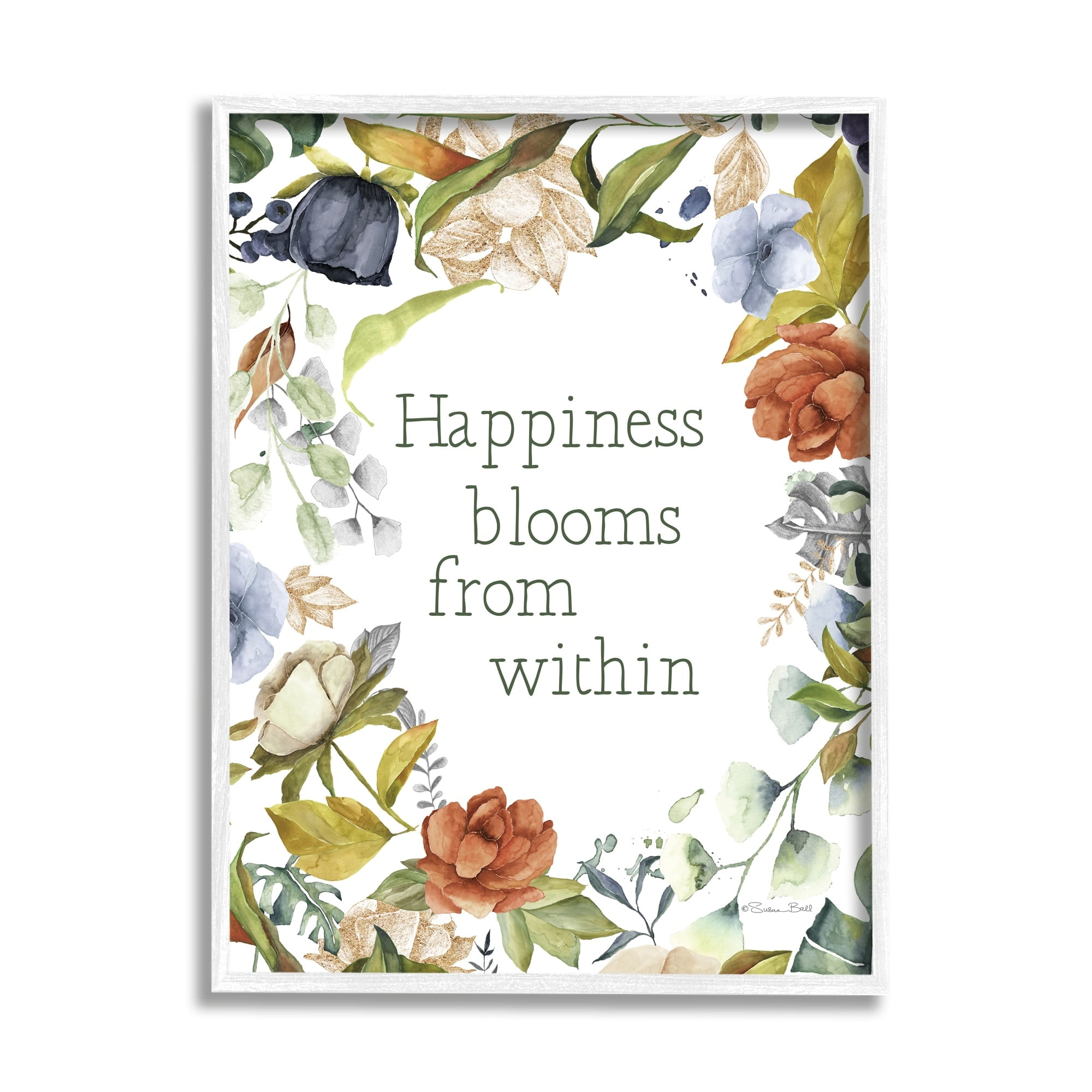 Stupell Industries Happiness Blooms From Within Comforting Floral Border Graphic Art White Framed Art Print Wall Art, Design by Susan Ball