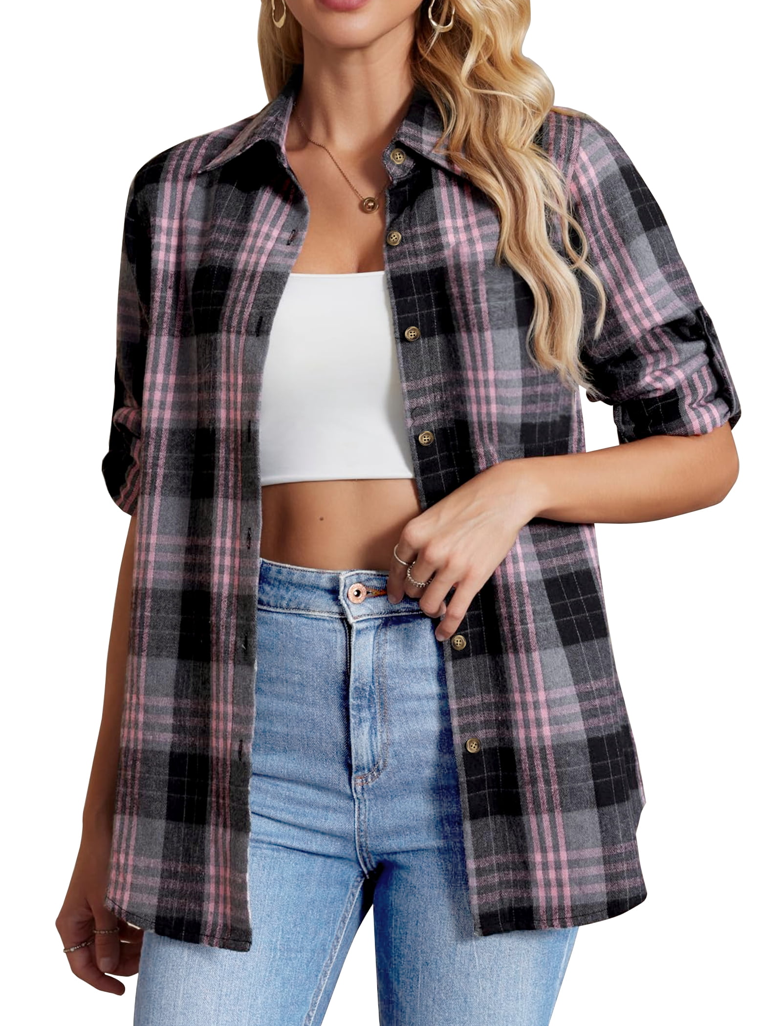 Fantaslook Plaid Flannel Shirts for Women Oversized Long Sleeve Button Down Shirts Blouses Tops