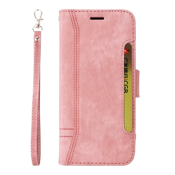 TECH CIRCLE Wallet Case for Samsung Galaxy A13 5G 6.5 Inch, Skin-Friendly Magnetic Clasp Card Slots Holder Kickstand Phone Cover, Soft Silicone Shockproof Wrist Strap Handbag Bracket Case,Pink