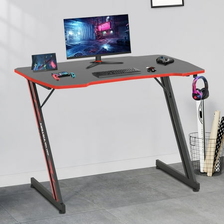 BestOffice Z Shape Computer Desk with Headphone Hook Gaming Desk Red