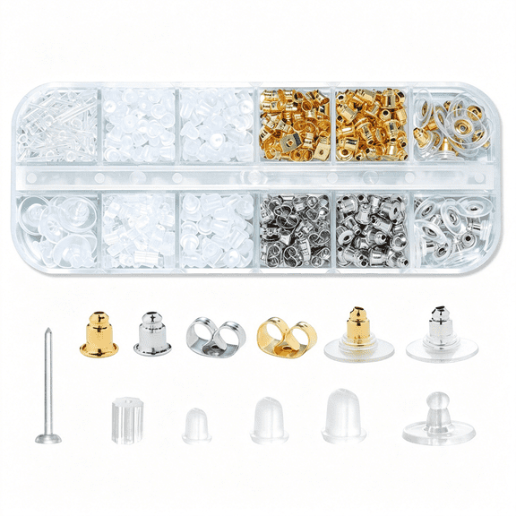 DESIGNICE 12 Styles 600 Pcs Earring Backs for Studs,Clear Plastic Earrings Hypoallergenic Metal Rubber Silicone Earring Backs Bullet Clutch Stoppers Replacement Kits for Fish Hook Earring Studs