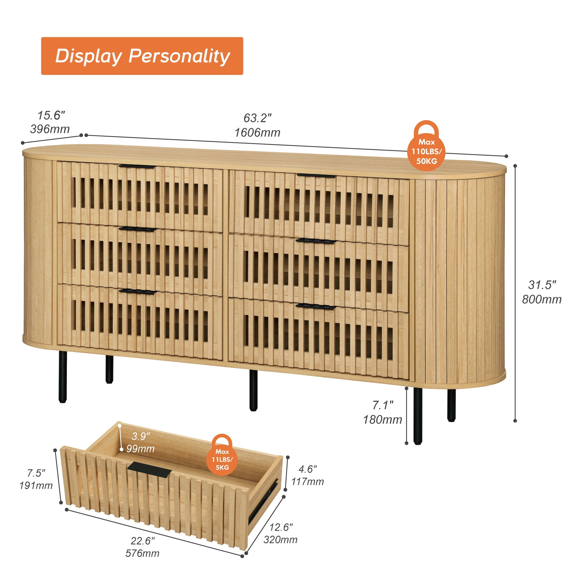WAMPAT Fluted 6 Drawer Dresser, Wide Modern Chest of Drawers, Wood Storage Dressers for Bedroom Living Room, Hallway, Entryway, Oak