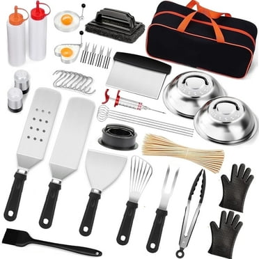 Griddle Accessories Kit 140 Pcs for Blackstone Camp Chef BBQ Grill, Spatula Set with Enlarged Spatulas, Round Bacon Press, Basting Cover, Scraper for Outdoor BBQ