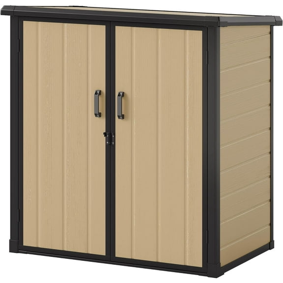 GOOBED Outdoor Storage Shed with 2 Adjustable Shelves, 49 Cu Ft Waterproof Vertical Garden Tool Shed with Lockable Door, Plastic Tall Tool Cabinet for Backyard Garden Patio Lawn, Brown