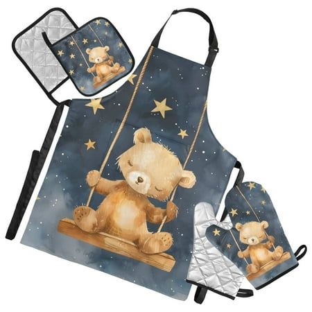 Bear Swing in Night 5 Pcs Kitchen Set Heat Resistant Oven Mitts and Non-Slip Pot Holders with Adjustable Cooking Apron