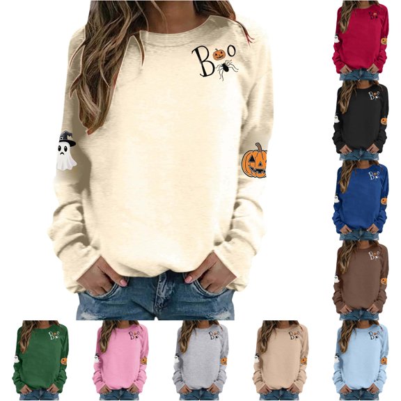 Women's Hoodless Sweatshirt for Wear with Halloween Graphic Crewneck Long Sleeve Casual Pullover Top Women Beige XXL
