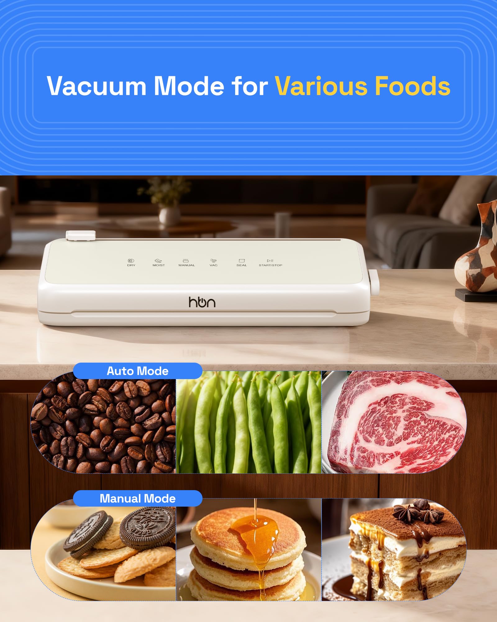 HBN Vacuum Sealer,60KPa Compact Vacuum Sealer Machine, Automatic Food Sealer  for Food Storage, Double Heat Seal Built-in Cutter with 1 Roll & 20 Bags