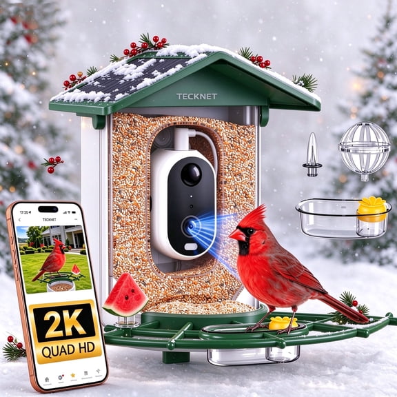 TECKNET BASICS Solar Smart Bird Feeder with Camera, 2K UHD, AI Bird Identification, IP65 Waterproof, Instant Mobile Alerts, Gift for Bird Lovers