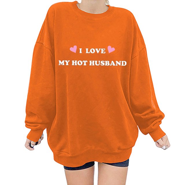 Gibobby Sudadera con forro polar Mujer Moda de mujer Ocio Palabras de amor Impresión de amor Cuello redondo Manga larga Top suelto Suéter sin sombrero 7 (Anaranjado, L)
