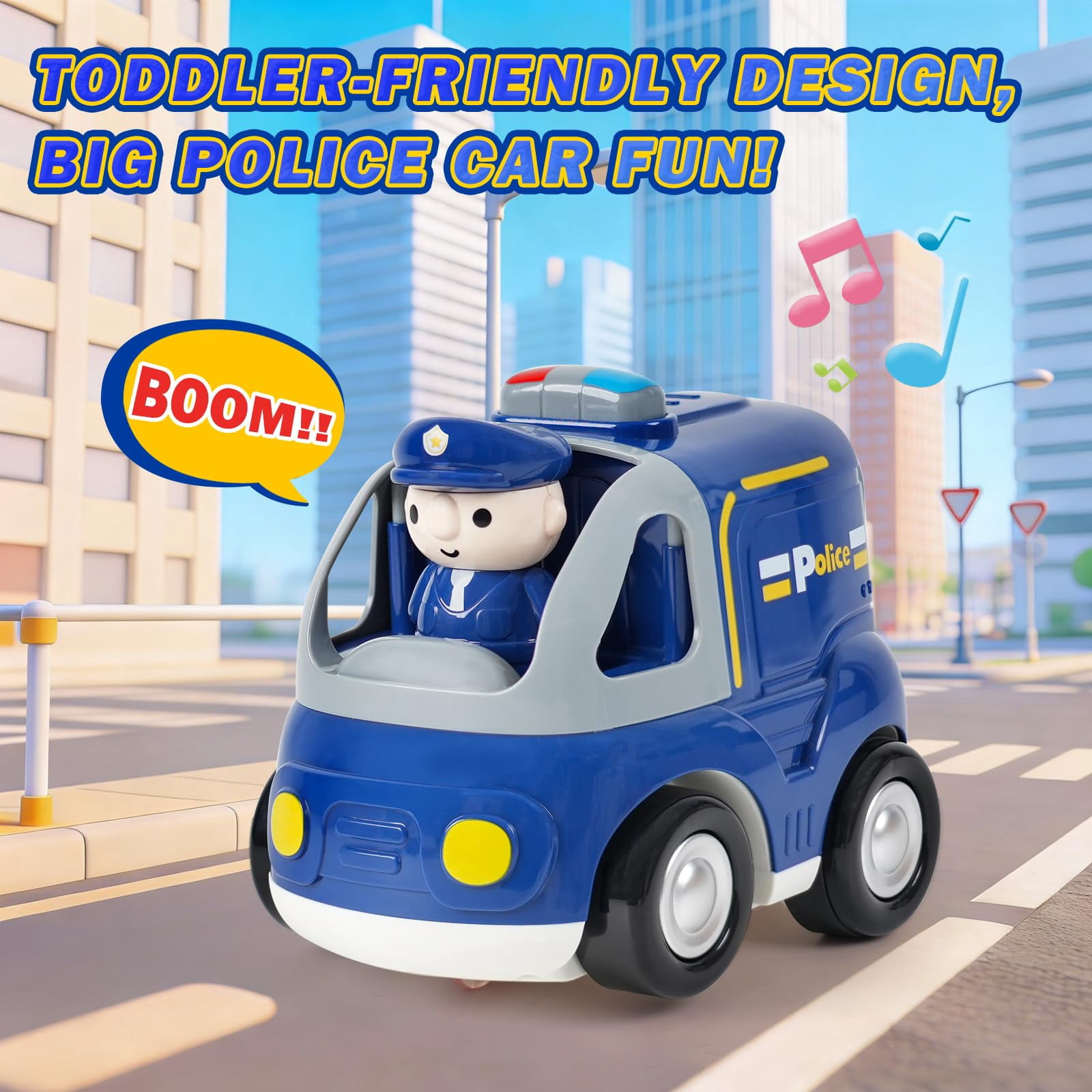 HYPERLIVING Remote Control Car for Toddlers - Birthday Gifts for Boys and Kids Ages 18+ Months, 2 3 4 5 Years, 2.4GHz RC Interactive Cartoon Police Car with Lights, Sounds & Music