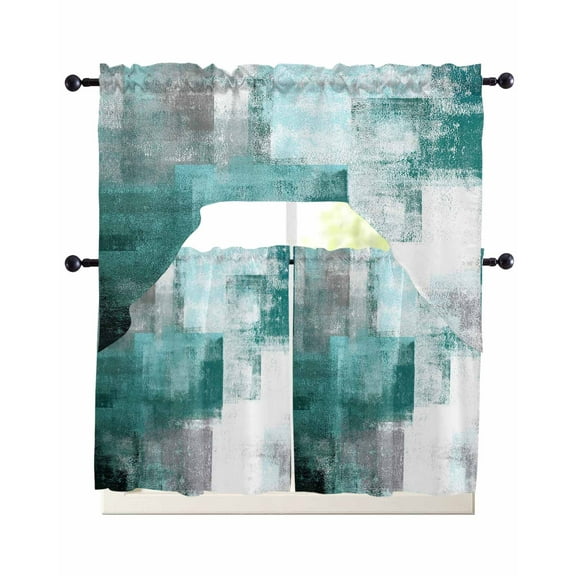 Turquoise Ombre Kitchen Curtains Swag Valance and Tier Curtains Set 24 Inch Length, Modern Abstract Mottled Texture Art Rod Pocket Drape Panels Pair Swag Curtain for Bathroom/Cafe/Window