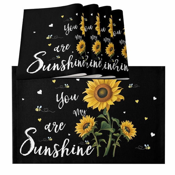 Yellow Sunflower Placemats for Dinning Table Set of 4, Summer Flower Bee Sunshine Black Burlap Kitchen Place Mats Waterproof Cloth Table Mats, Indoor Outdoor Placemats Easy Clean Dinner Decor