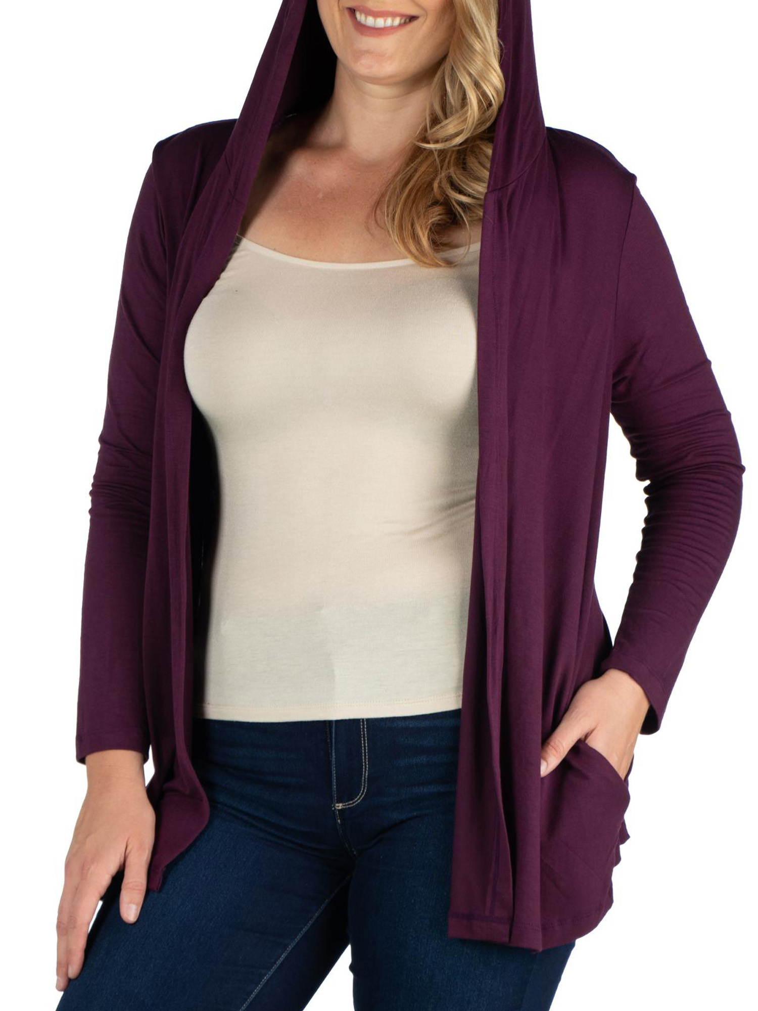 24seven Comfort Apparel Plus Size Open Front Lightweight Hooded Cardigan