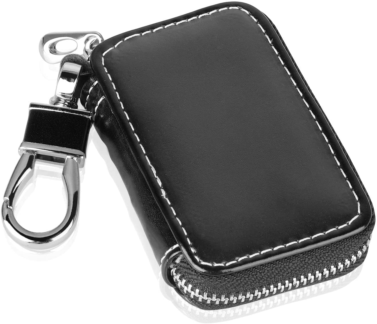 VILLSION Genuine Leather Car Key Case Holder with Stainless Steel Hook Car Remote Control Key Case Metal Zipper 
