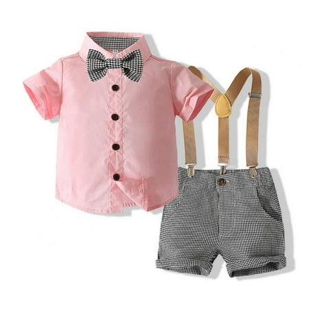 

LOVEBAY 1-7T Summer Toddler Baby Boys Clothes Sets Short Sleeve Houndstooth Bowtie Shirt+Suspender Shorts Gentleman Outfits Suits (Pink)