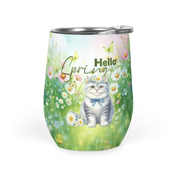 American Shorthair Hello Spring Time Flower Floral Nature 12oz Stainless Steel Wine Tumbler Insulated Cup with Lid Cat Lover Kitten Owner Gifts - 02031