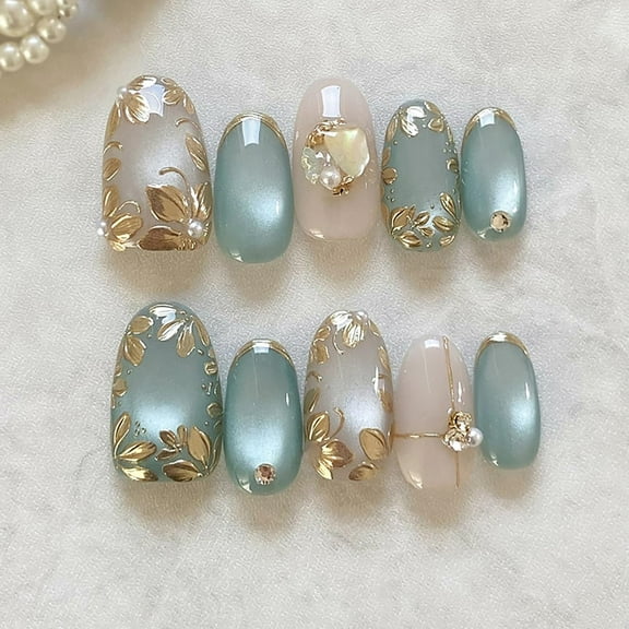 24Pcs Summer Starfish Press on Nails Medium Almond Fake Nails 3D Cute Seefish Flower Fruit with Pearl Full Cover Glue on Nails Artificial Colorful Beach False Nails for Women Girls Acrylic Nails DIY