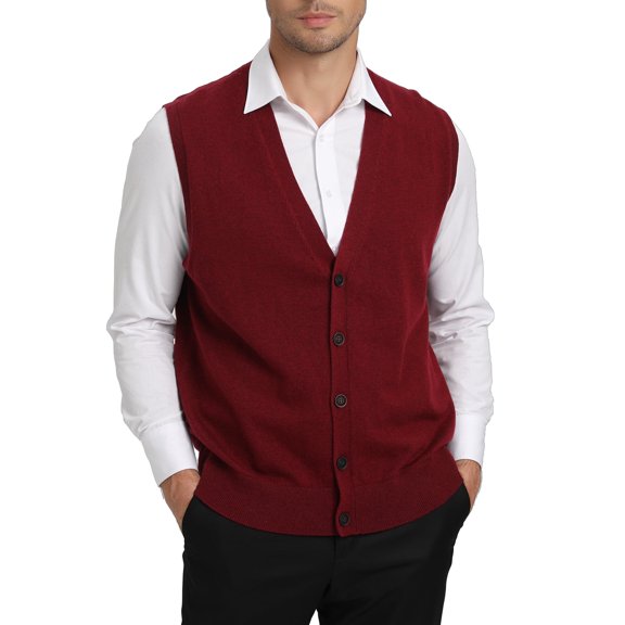 Kallspin Men's Vest Sweater Wool Blended V Neck Sleeveless Button Cardigan Sweater(Red,3X-Large,Tall)