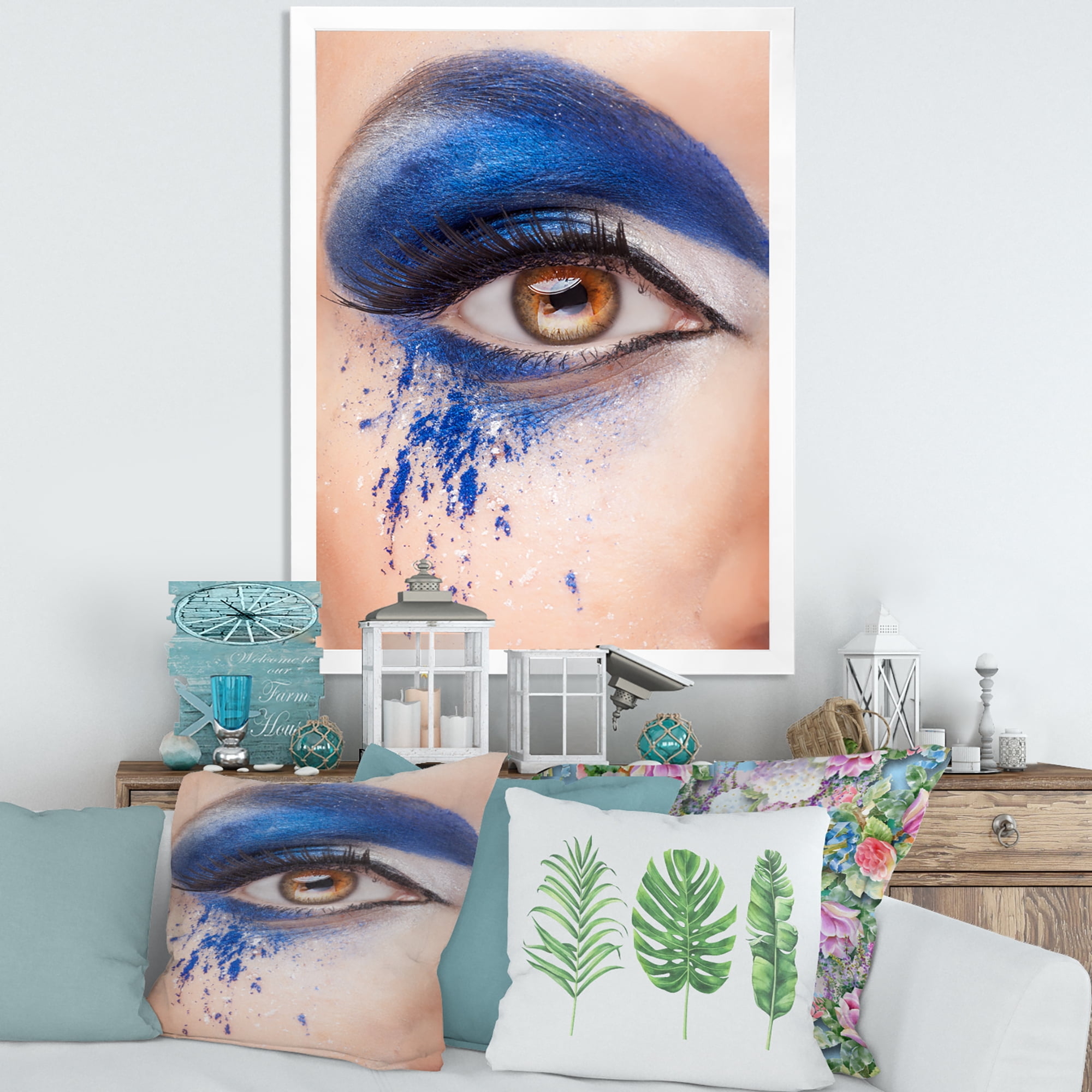 Designart 'Close Up Of Brown Eye With Blue Fantasy Make Up' Modern Framed Art Print