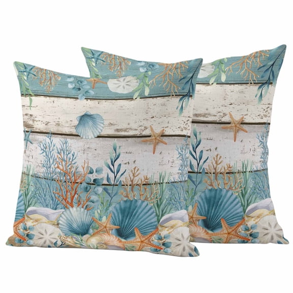 Vintage Blue Coastal Waterproof Outdoor Pillow Covers 24''x24'' Set of 2,Patio Cushion Covers for Chairs,Summer Beach Starfish Shell Coral Nautical Decorative Pillow Cases for Garden/Pool/Beach