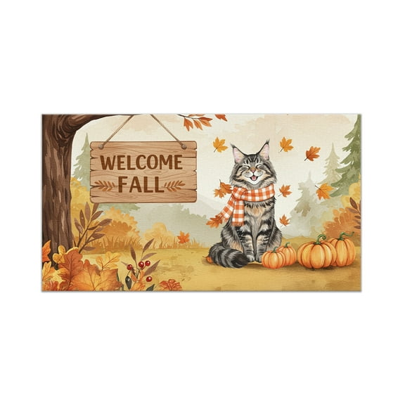 Welcome Fall Maine Coon Cozy Autumn Field Pumpkins Golden Leaves Doormat Cat Lover Kitten Owner Gifts Indoor Outdoor Welcome Mat - 12013