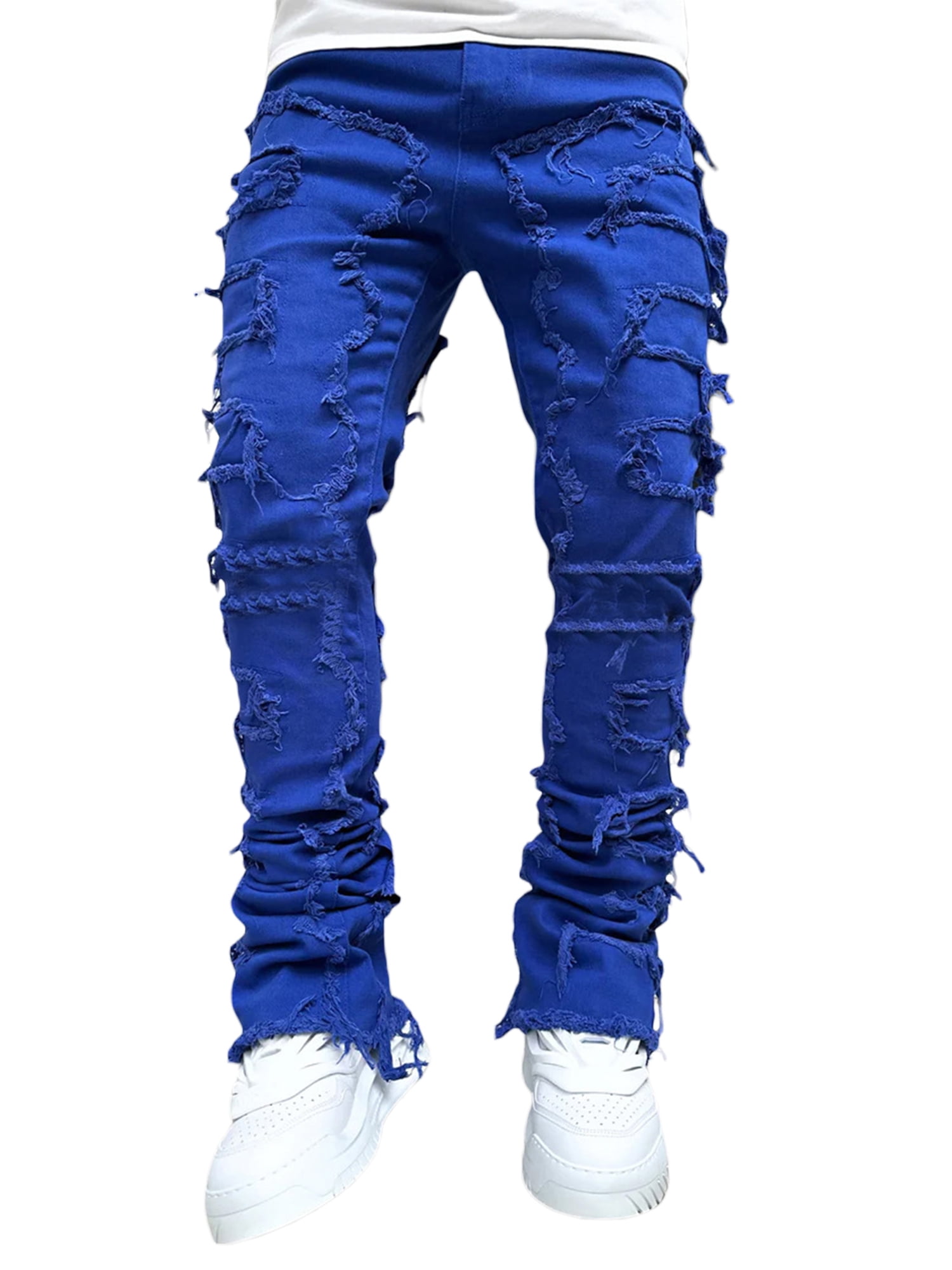 EYIIYE Stacked Jeans Men Skinny Ripped Jeans Slim Fit
