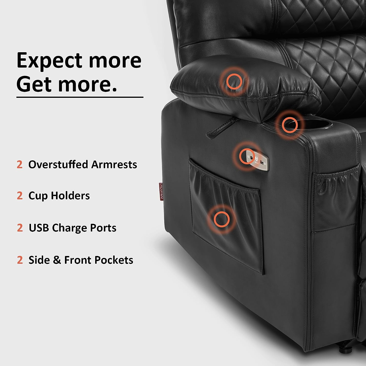MCombo Power Recliner Faux Leather Living Room Electric Reclining Chair, No Lift, 621 (Black)