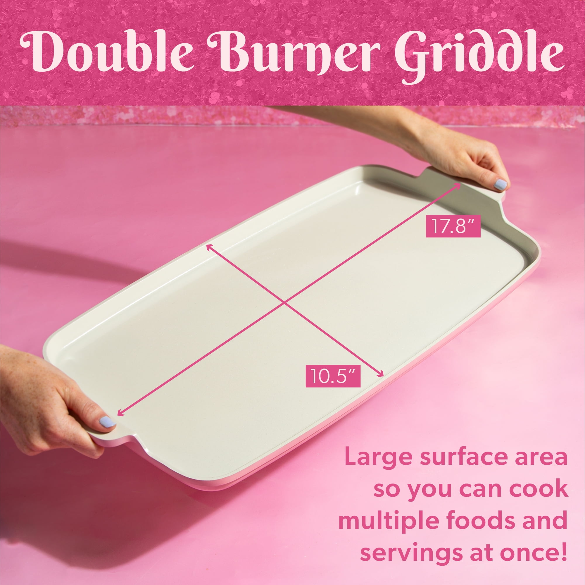 Paris Hilton Double Burner Griddle Pan for Stovetop, 17.8" x 10.5", Clean Ceramic™ Nonstick Coating, Pink