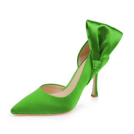 XYD Women Graceful Pointed Closed Toe Bow Side Pumps Stiletto High Heels Slip-on D Orsay Elegant Bridal Ladies Shoes Size 15 Green