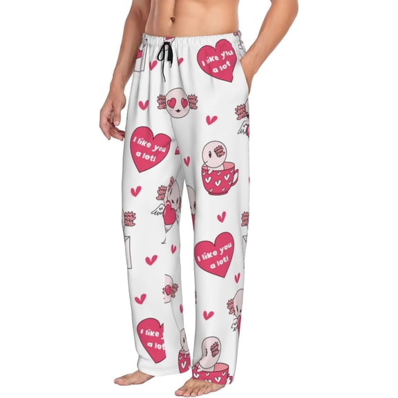 Mens Pajama Pants Bottoms with Pockets - Cute Valentine Axolotl cup heart Comfy Mens Pj Pants, Soft Men Lounge Pants