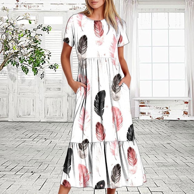 Jusqu'à 65 % de Réduction! Robes d'Été Mode pour Femmes 2024 Grande Taille Décontractée Manches Courtes Col Rond Robe Fluide à Étages Robe de Plage avec Poches Imprimé Plumes