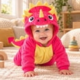 thumbnail image 6 of JIAYUE Baby Hooded Jumpsuit Cozy Fuzzy Cute Dinosaur Design Romper Long Sleeve Zip-Up Clothes for Evening Gathering, 6 of 7