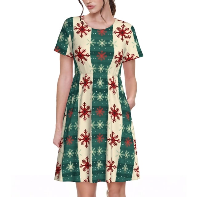 Fotbe Christmas Snowflakes Plaid Vestido Largo de Moda para Mujer, Vestido Tipo Camiseta con Manga Corta y Estilo Casual a Rayas y Bloques de Color