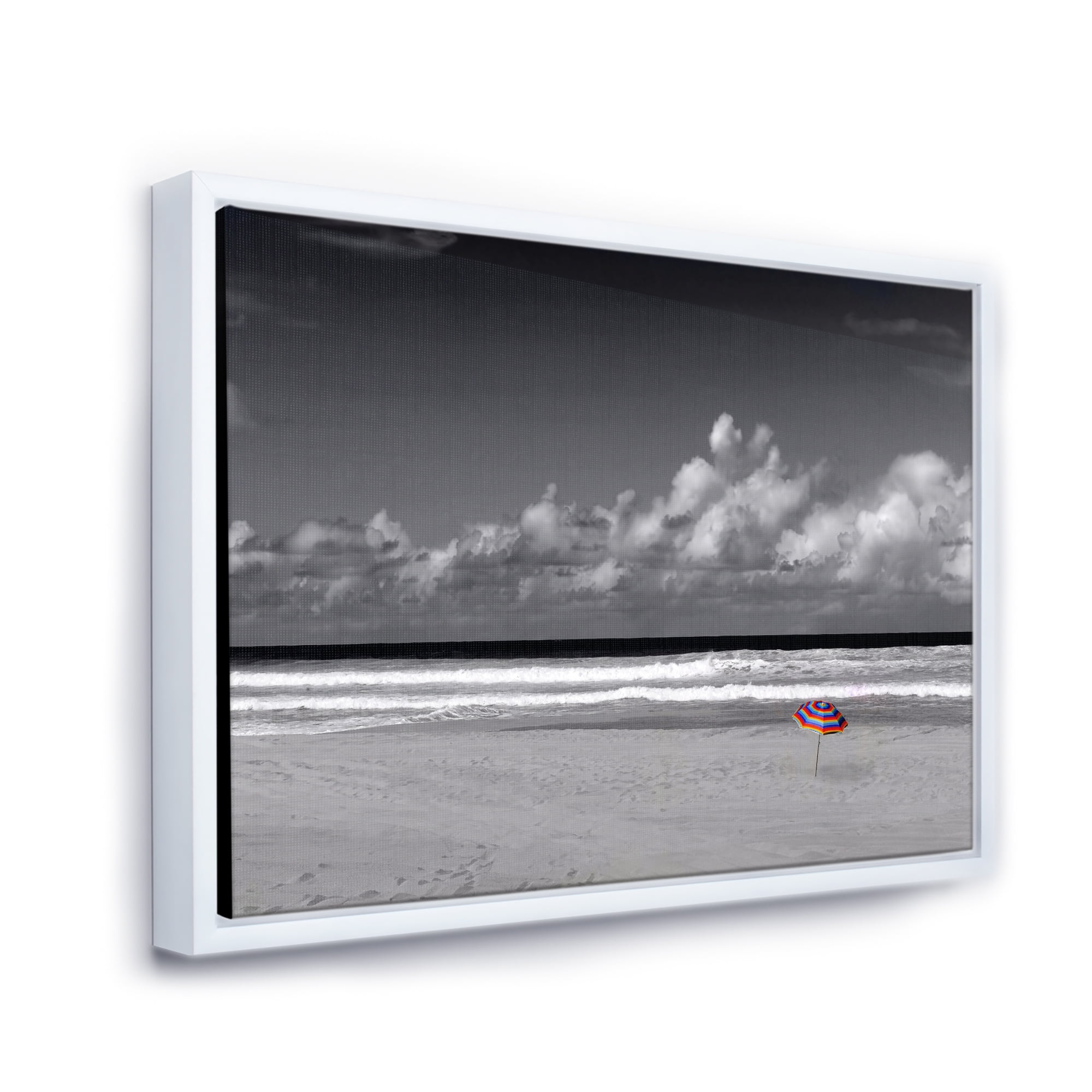 Designart 'Black and White Coastline Under Cloudy Sky' Lake House Framed Canvas Wall Art Print